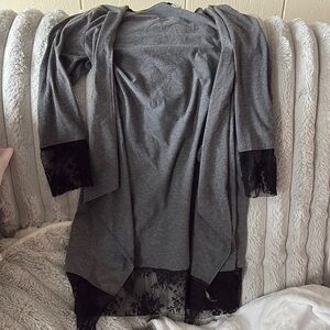 Gray Cardigan with Black Lace Trim